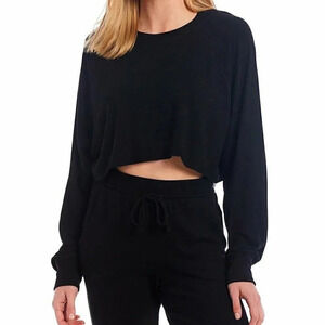 NIA Soft Long Sleeve Cropped Lounge Top Crewneck Tan Size Small Athleisure